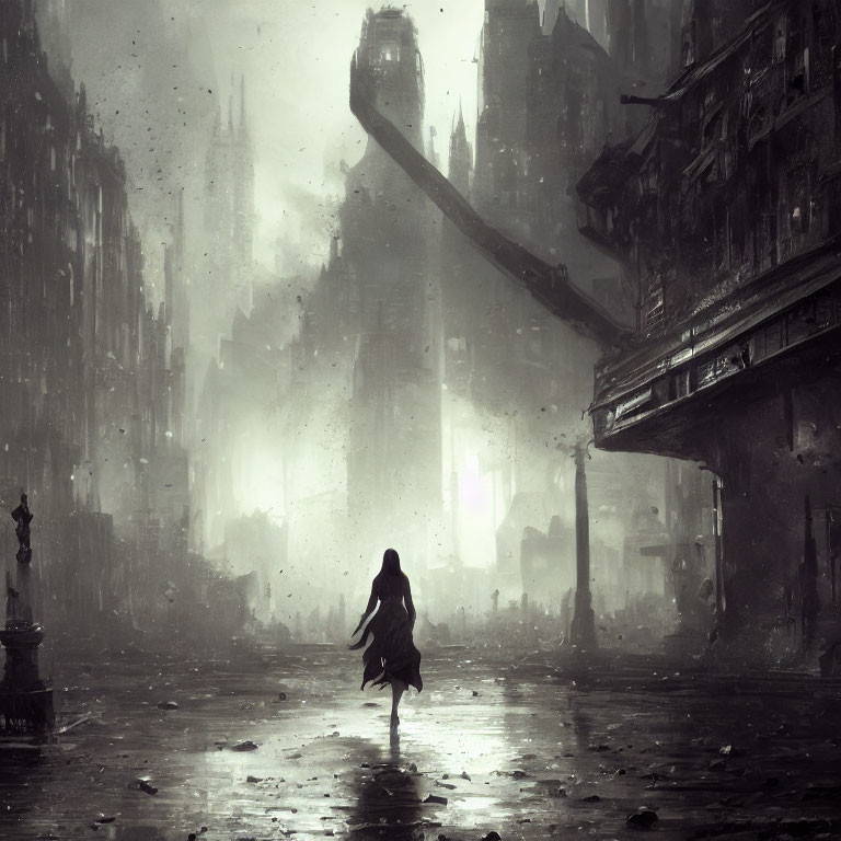 Solitary figure in rain-soaked gothic cityscape with towering buildings and pink light