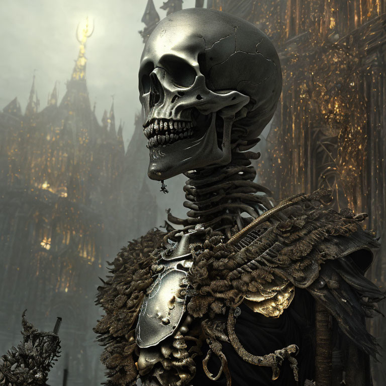 Metal-clad skeletal figure with rope details in front of gothic cathedral.