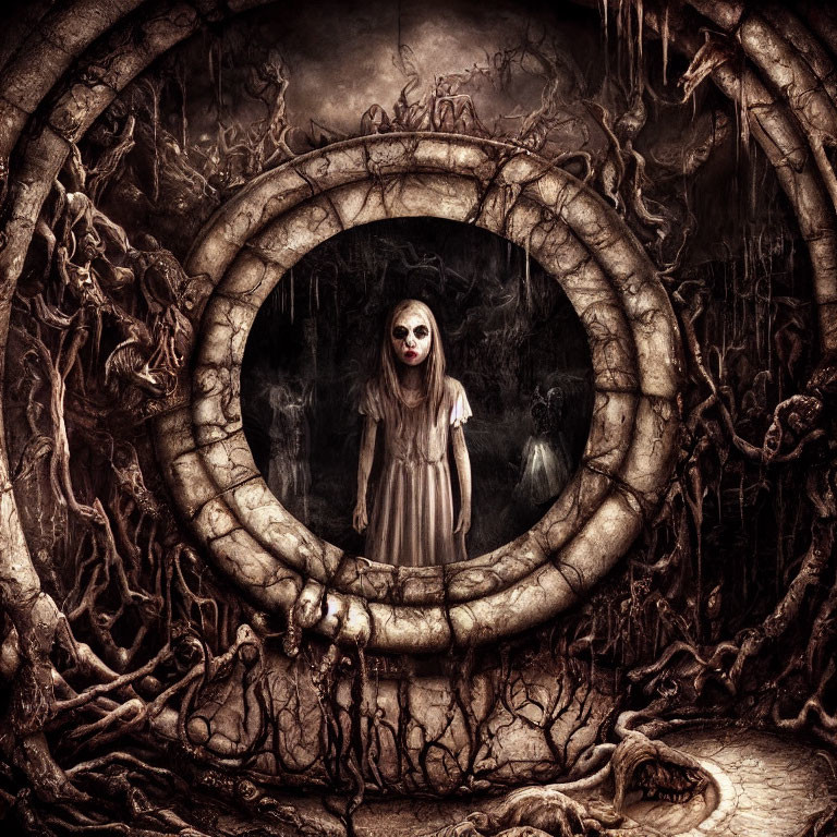 Dark and eerie portrait of a pale girl in circular frame with tangled roots.