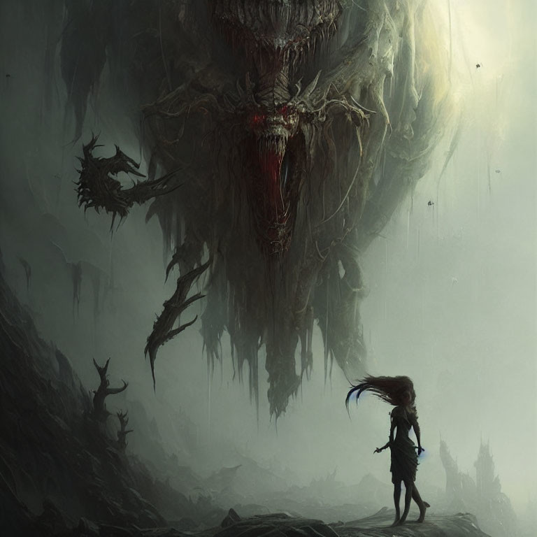 Warrior confronting giant skull-faced creature in misty landscape