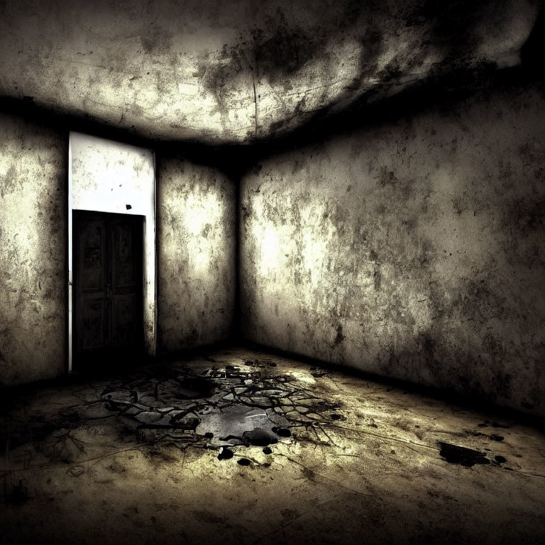 Dimly Lit Grungy Room with Peeling Walls and Cracked Floor