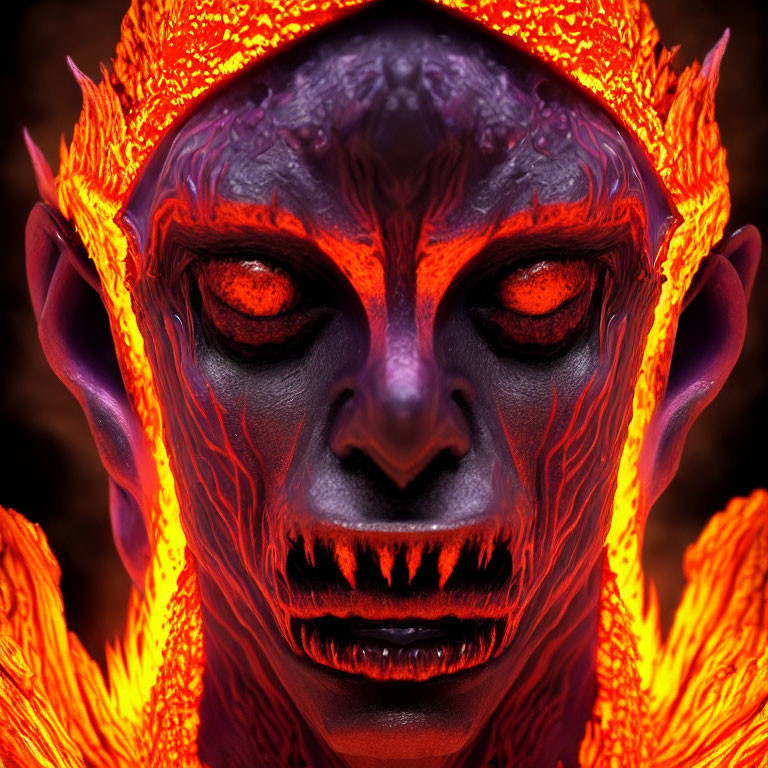 Fantasy creature with fiery skin and glowing orange eyes