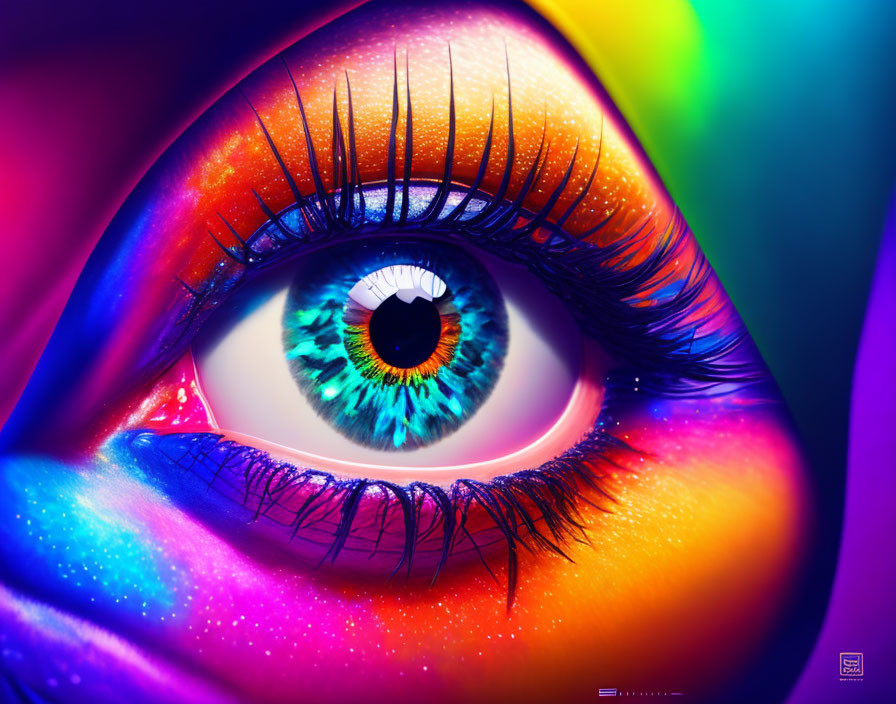 Close-up Human Eye with Rainbow-Colored Makeup on Gradient Background