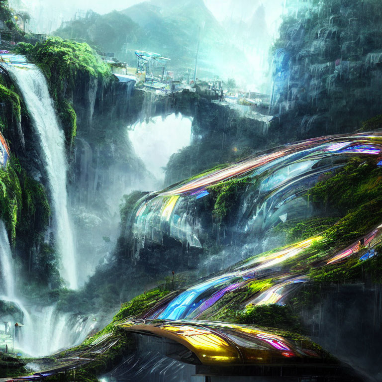 Futuristic cityscape with waterfalls, luminous buildings, colorful transit systems, lush greenery