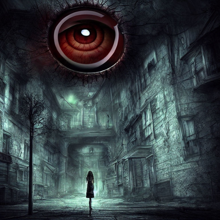 Mysterious figure in shadowy alley under giant eye