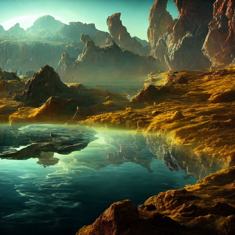 Tranquil lake mirroring rugged mountains and rock formations in serene landscape