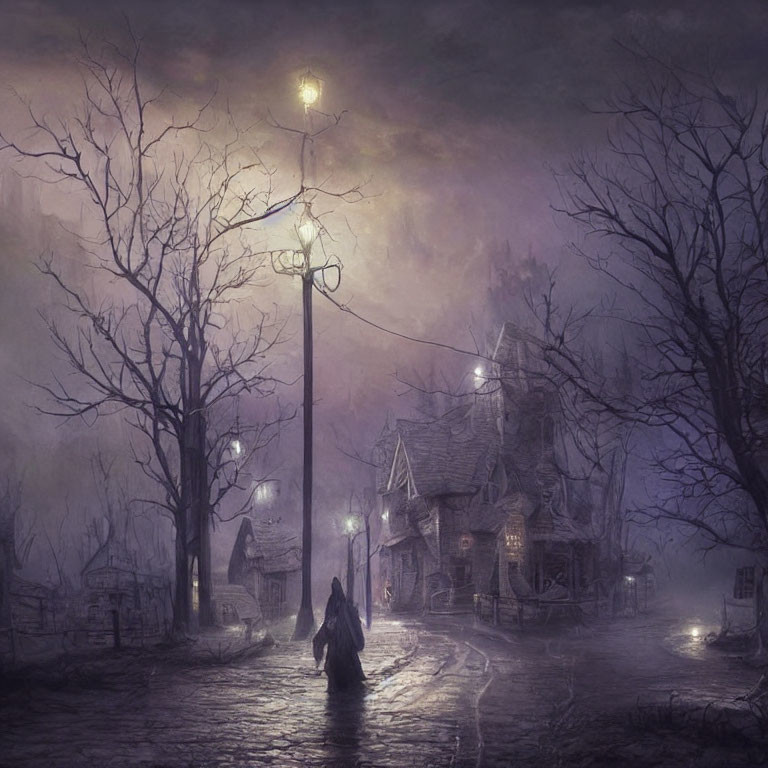 Mysterious figure on misty cobblestone street at night