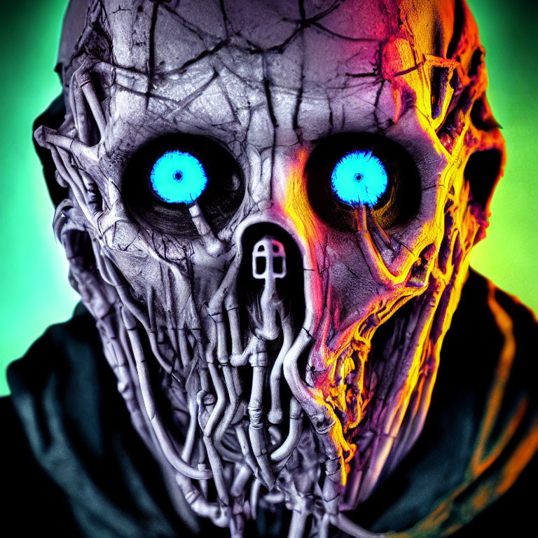 Detailed skeletal mask with glowing blue eyes on menacing figure