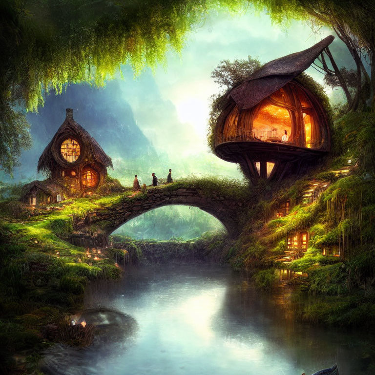 Whimsical treehouses on bridge over serene river with figures conversing