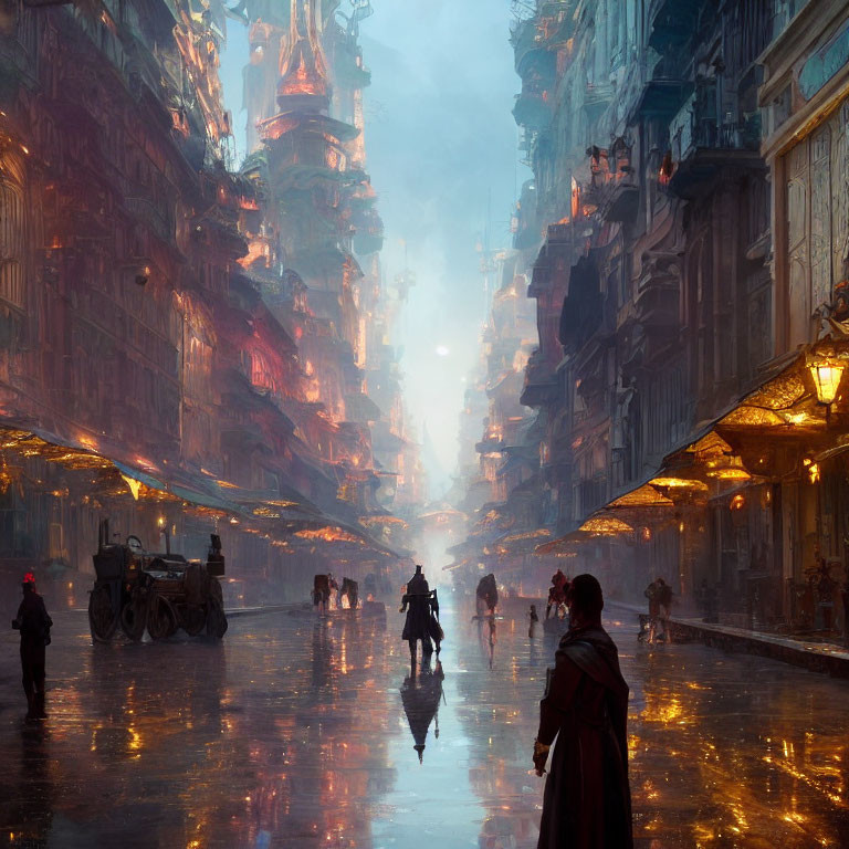 Moody Cyberpunk City Street with Pedestrians and Vintage Vehicles