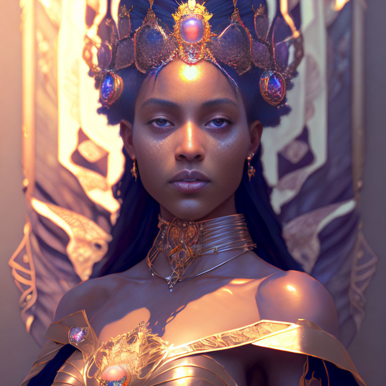 Regal woman with golden crown and ornate jewelry in majestic pose.