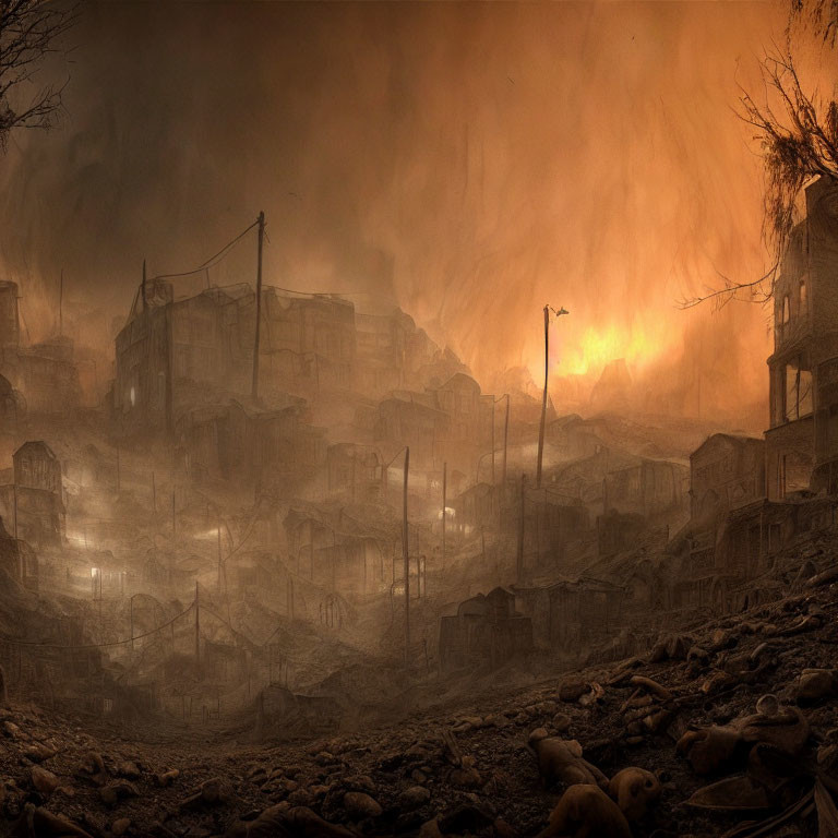 Dilapidated buildings and fiery glow in ominous apocalyptic scene