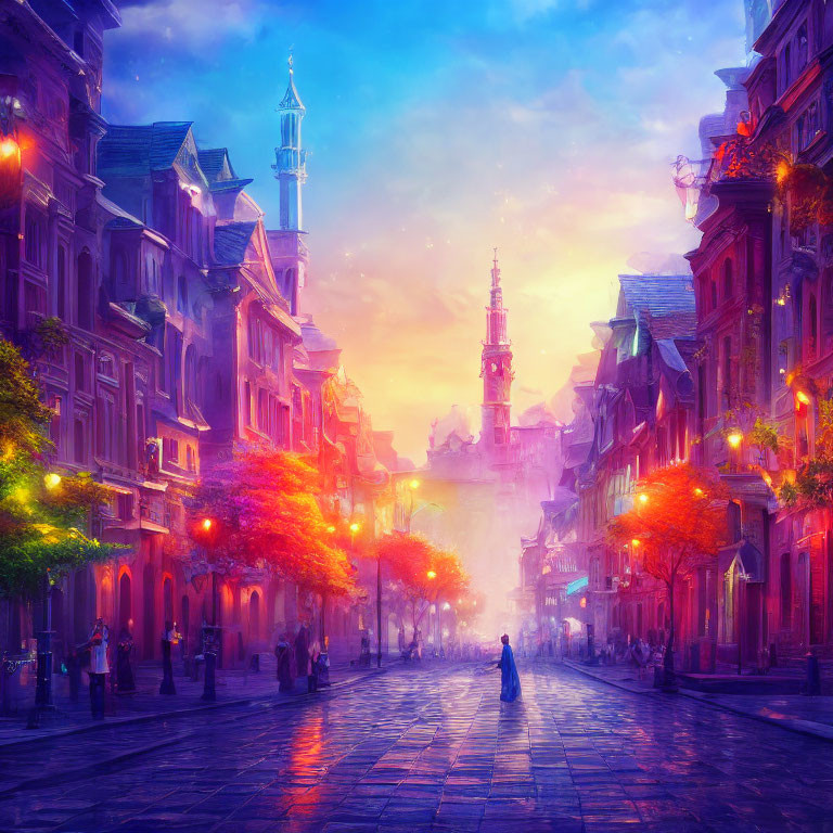 Colorful city street at dusk with illuminated buildings and solitary figure