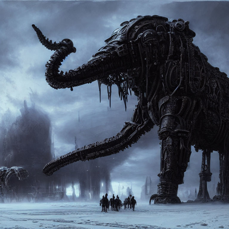 Gigantic mechanical elephant in icy landscape with riders under overcast sky