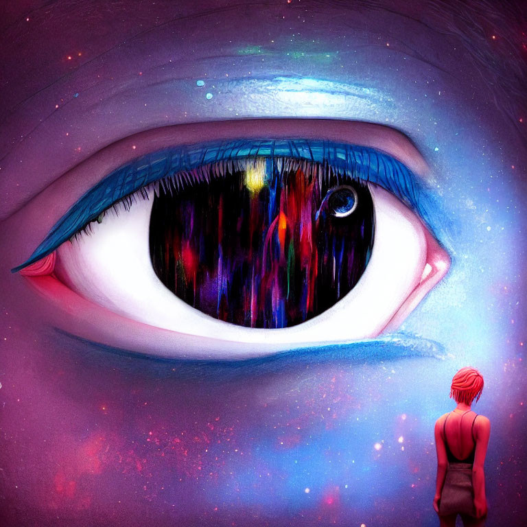 Vivid surreal artwork: giant cosmic eye, small figure, colorful backdrop