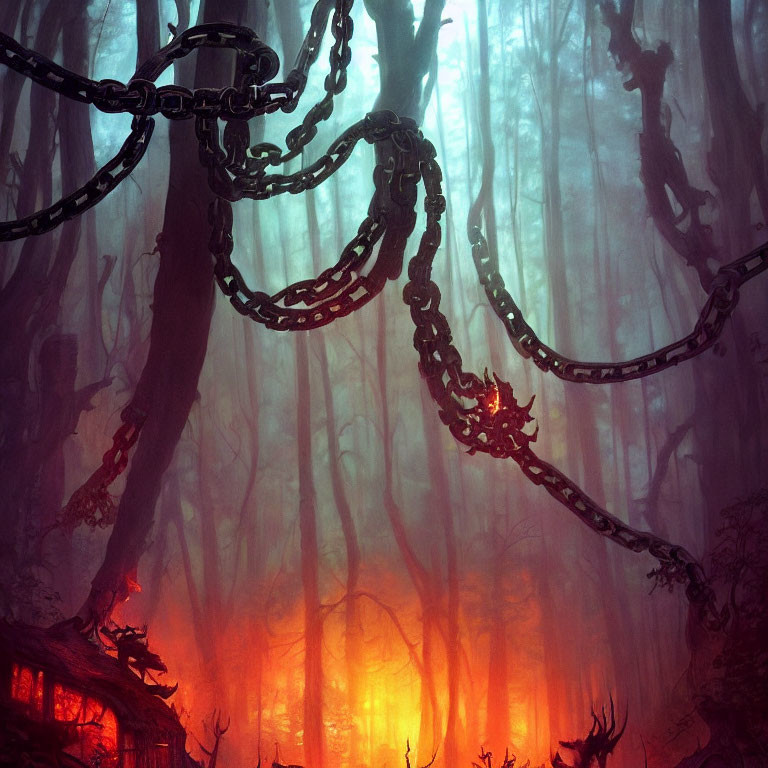 Eerie red glow in mystical forest with suspended chains and silhouettes.