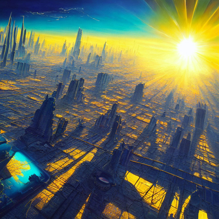 Futuristic cityscape with towering skyscrapers under a dazzling sun