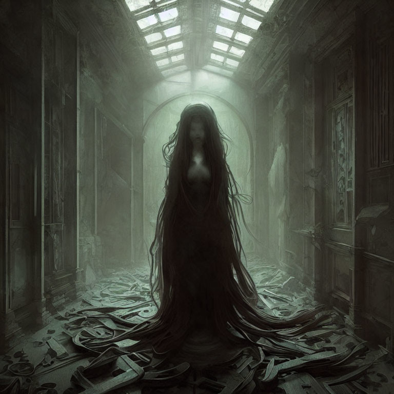 Ghostly Figure with Long Hair in Eerie Hallway with Skylight