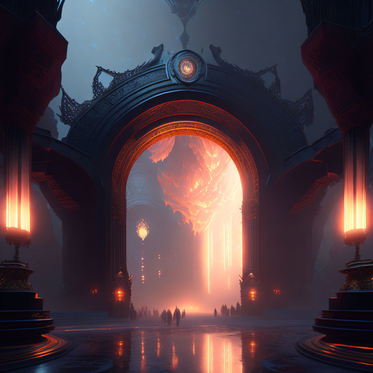 Ethereal fantasy hall with towering arcades and shadowy dragon figure