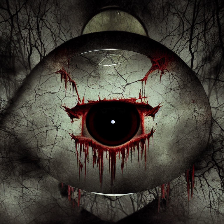 Dark pupil with red veins and blood against eerie trees