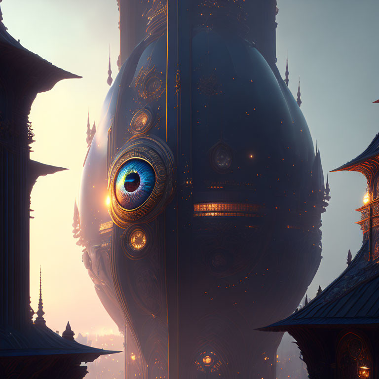 Futuristic cityscape with Eastern-inspired architecture and massive eye-like spherical structure