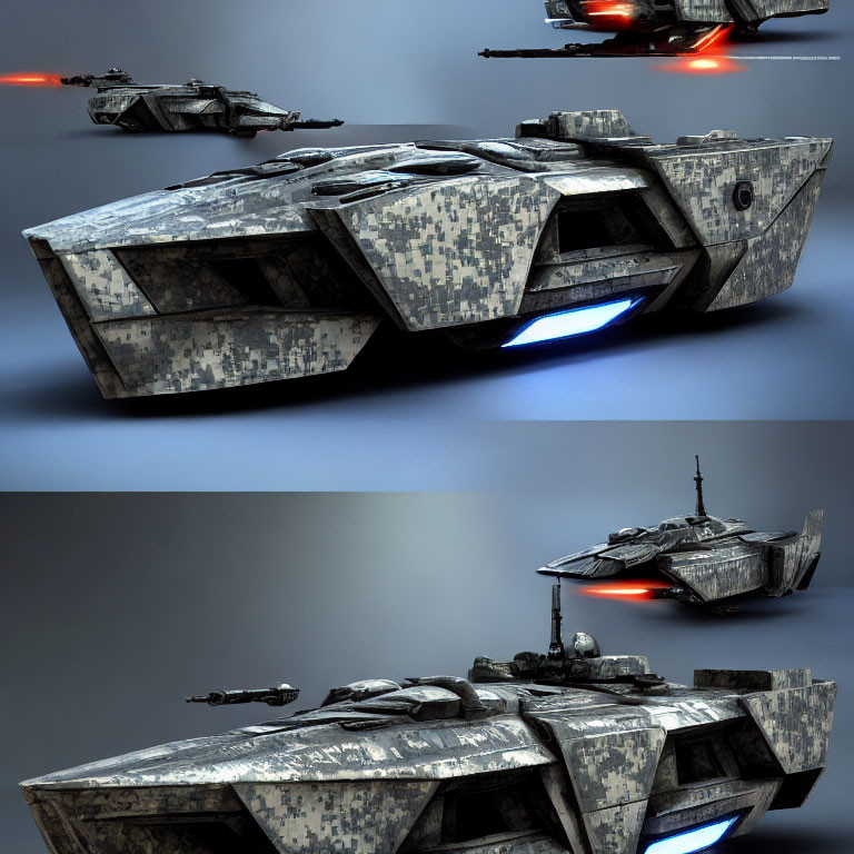 Futuristic camouflage spaceship with engine glows and smaller aircraft in digital illustration