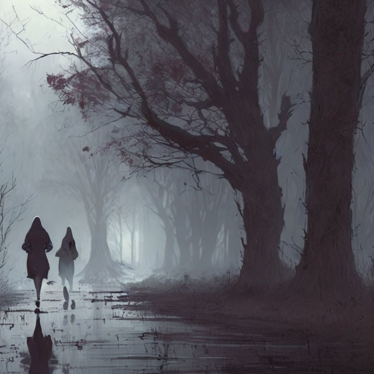 Misty path with hooded figures and bare trees