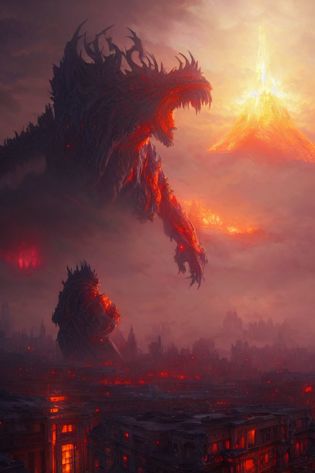 Enormous dragon over lava city with erupting volcano