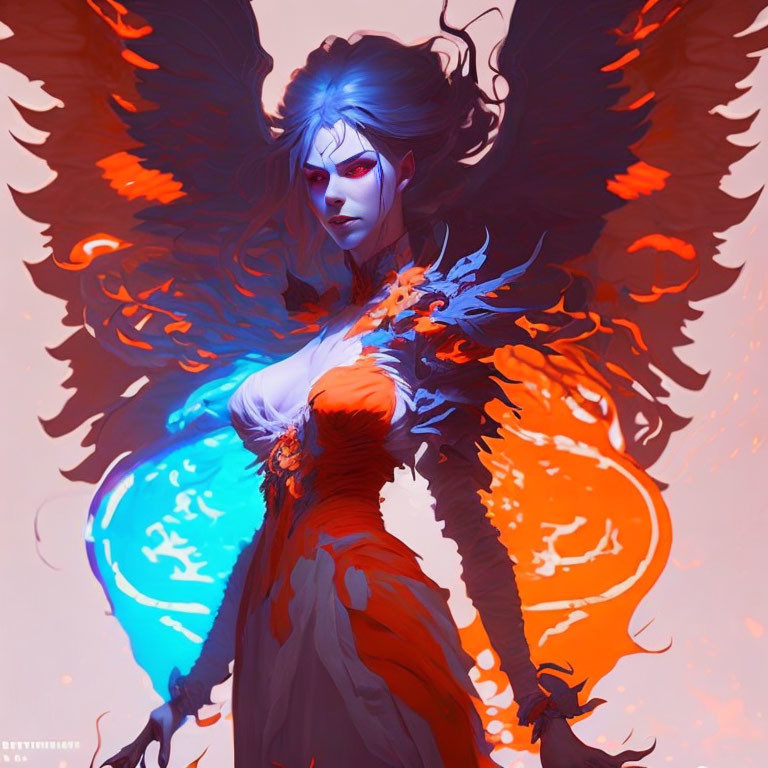 Blue-skinned female figure with dark wings and fiery orange accents on red background