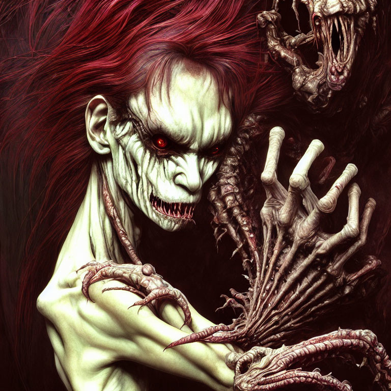 Menacing creature with red hair, pale skin, glowing eyes & sharp teeth