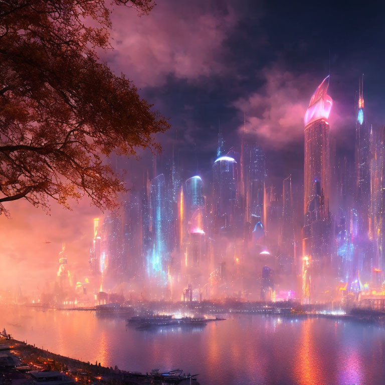 Vibrant neon-lit futuristic cityscape at twilight