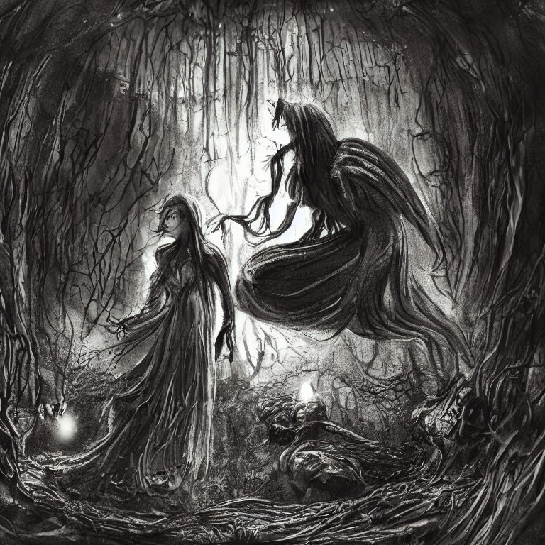 Ethereal figures with flowing hair in dark, eerie forest