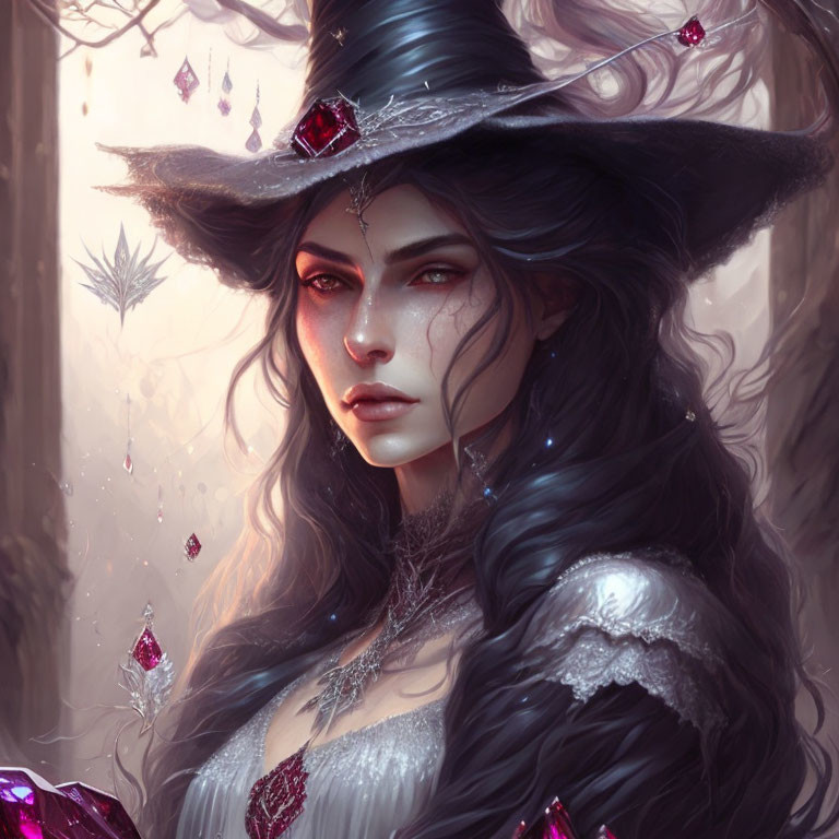 Fantasy illustration of woman with witch's hat and red gems, surrounded by crystals and autumn leaves