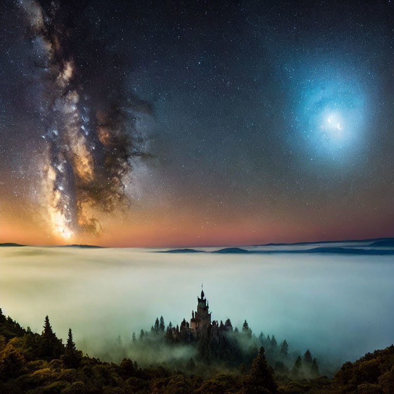 Castle above fog under starry night sky with Milky Way galaxy