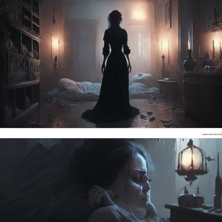 Woman in Black Dress Stands and Lies in Dimly Lit Room