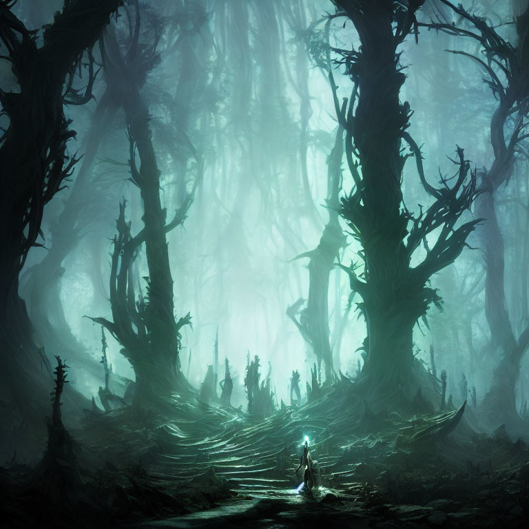 Mystical forest with towering trees and lone figure in cloak