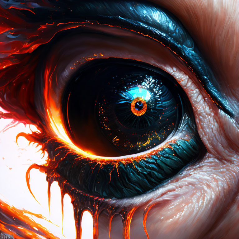 Fiery red and orange hues around human eye in digital artwork