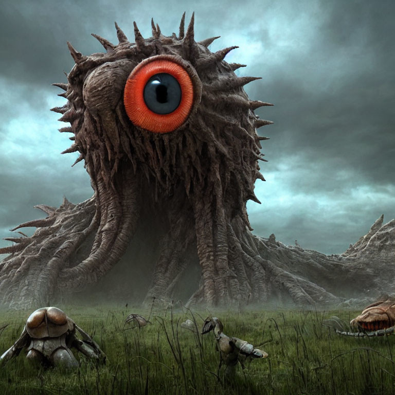 One-eyed monstrous creature in bleak landscape with crab-like beings