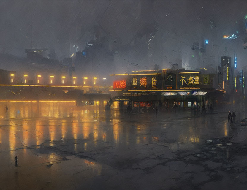 Rainy Night Cityscape with Neon Glowing Signs and Solitary Figure