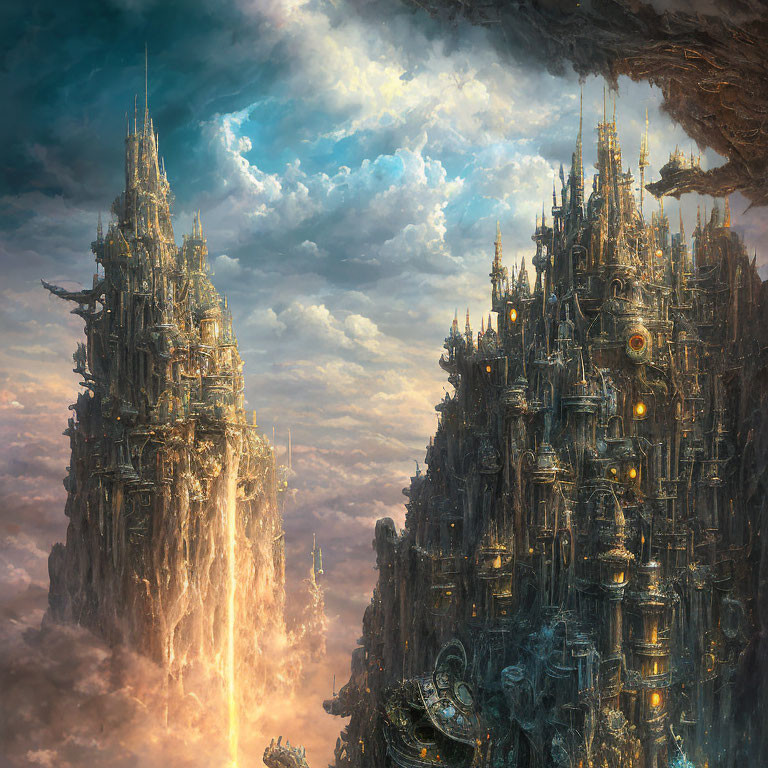 Fantasy city with ornate towers and waterfalls under cloudy sky