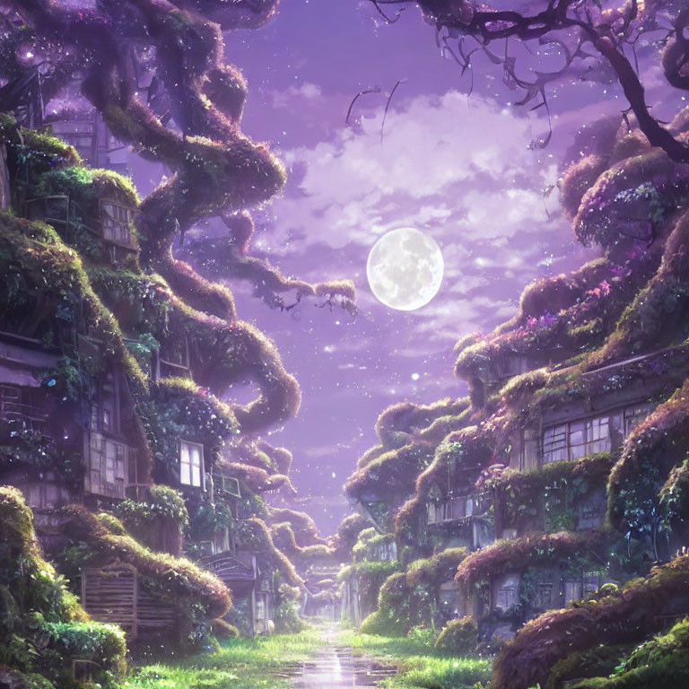 Mystical forest scene with overgrown buildings and twisting trees under full moon