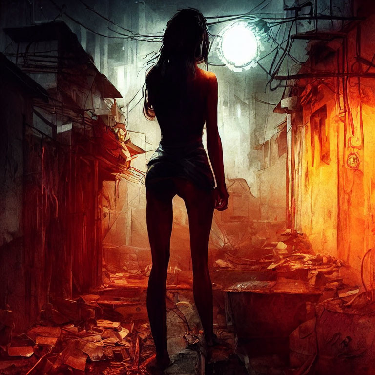 Woman in desolate alley with contrasting lighting and rubble.