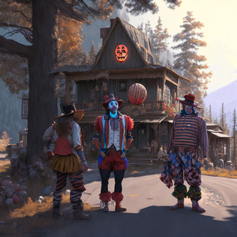 Colorful Clowns by Rustic House in Autumn Forest