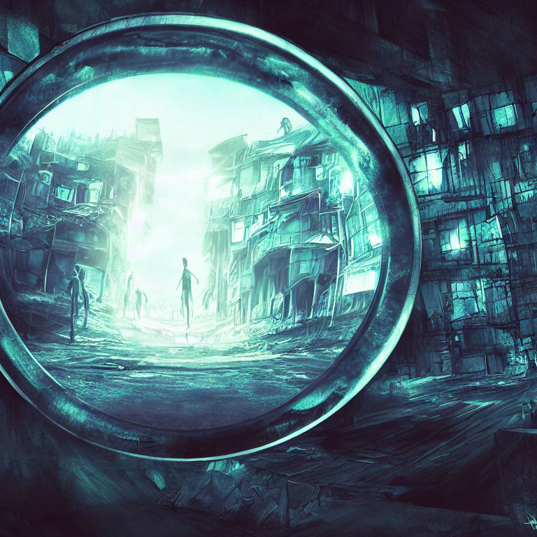 Circular futuristic portal reveals desolate cityscape with lone figure