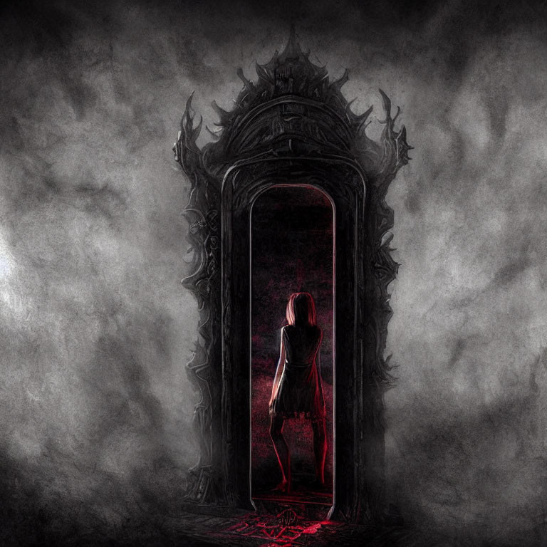 Silhouetted figure at ornate gothic doorway with red glow