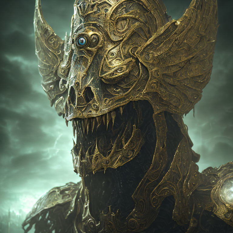 Intricate golden mask with menacing teeth and multiple eyes on dark figure under cloudy sky