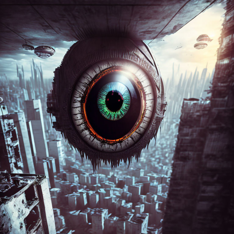 Giant Mechanical Eye Over Dystopian Cityscape