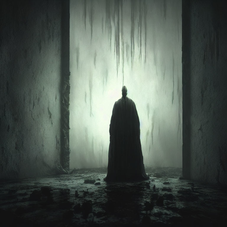 Mysterious Figure in Cloak in Dark, Decaying Room