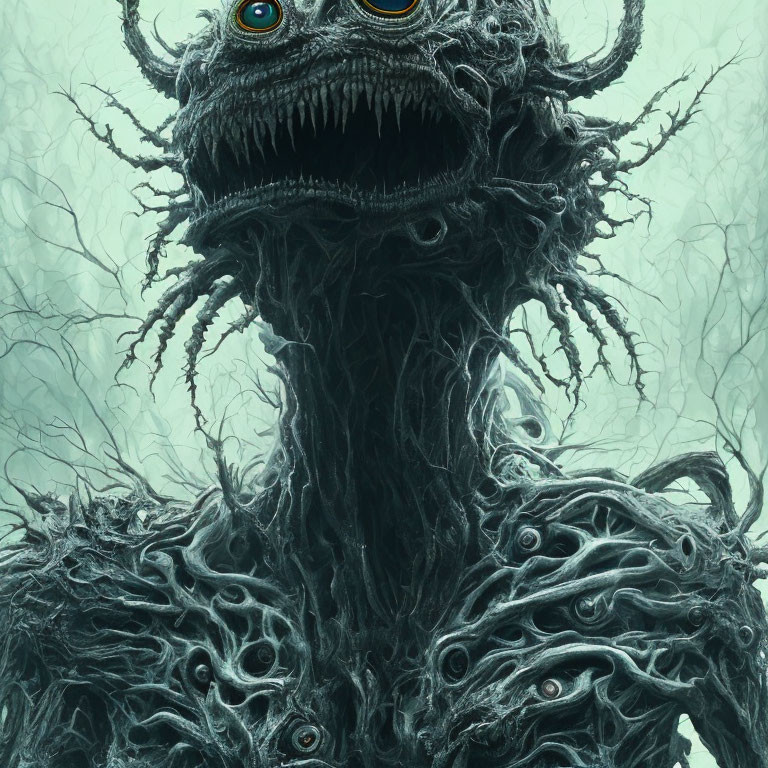 Monstrous Lovecraftian creature with multiple eyes and tentacles in misty background.