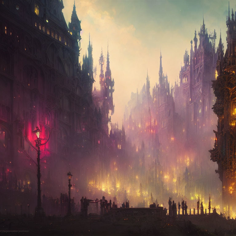 Gothic architecture in mystical cityscape at dusk